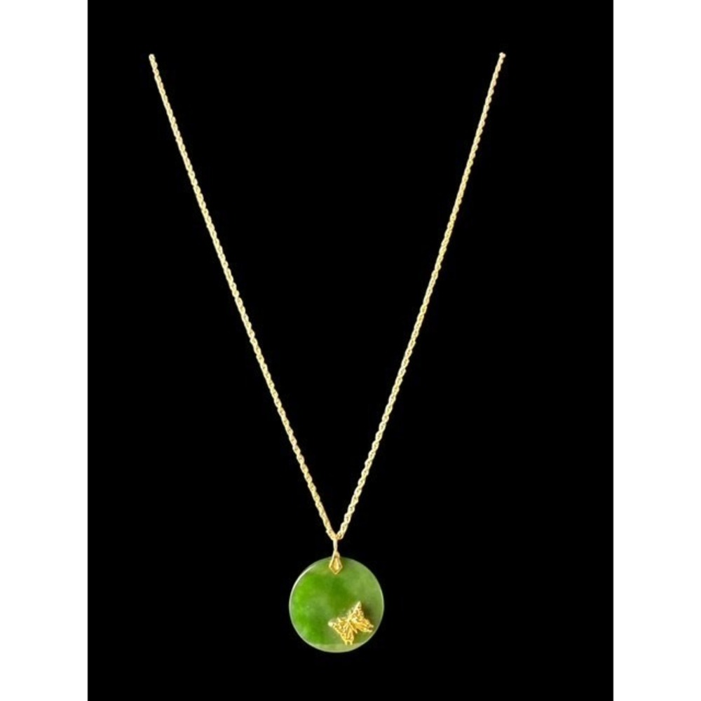 Mid Century‎ Vintage Rare Nephrite Jade Butterfly Inlay Pendant Necklace Green - Picture 5 of 6